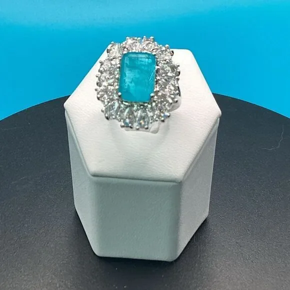 Gorgeous Vintage-Inspired Simulated Paraiba Tourmaline & CZ Halo Statement Ring